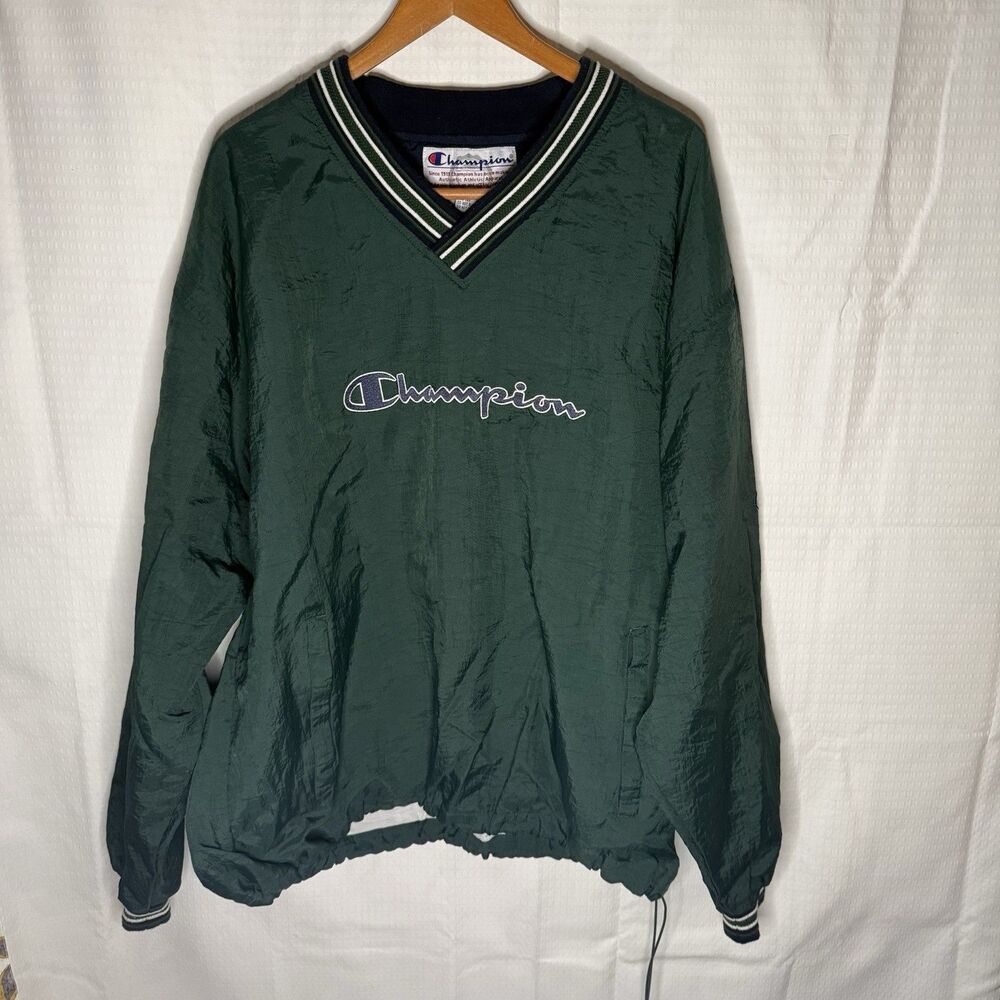 VINTAGE Champion Nylon Windbreaker Mens XL Green Blue Lined Embroidered Logo